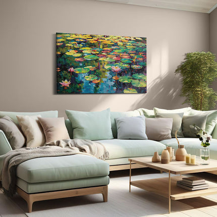 Canvas schilderij woonkamer Kleurrijke Waterlelies in een Vijver