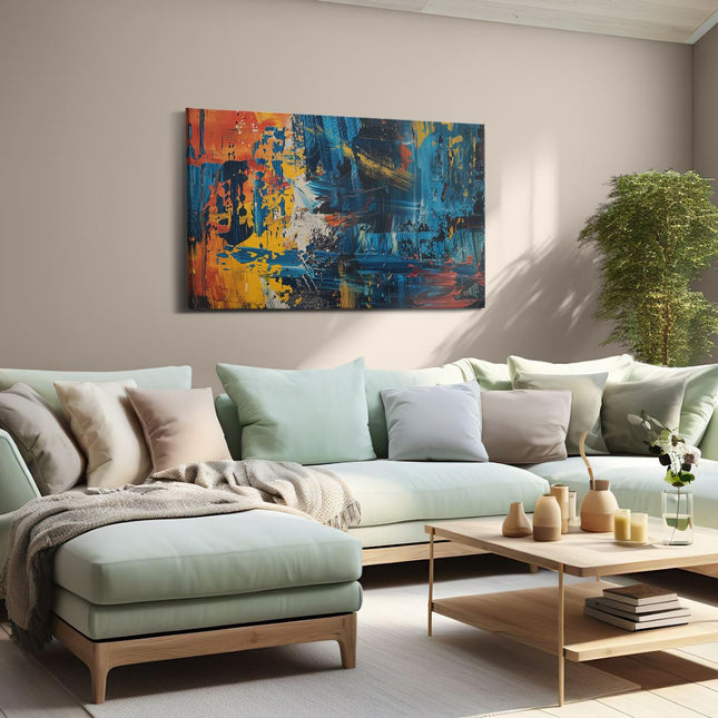 Canvas schilderij woonkamer Abstract Kunstwerk met Blauwe, Gele en Rode Kleuren