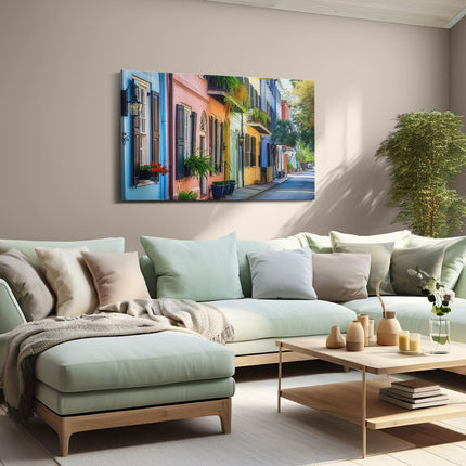 Canvas schilderij woonkamer Kleurrijke Huizen in een Straat in Charleston, Zuid-Carolina