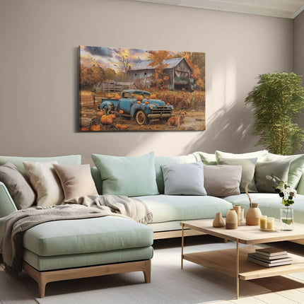 Canvas schilderij woonkamer Oude Vrachtwagen met Pompoenen voor een Schuur