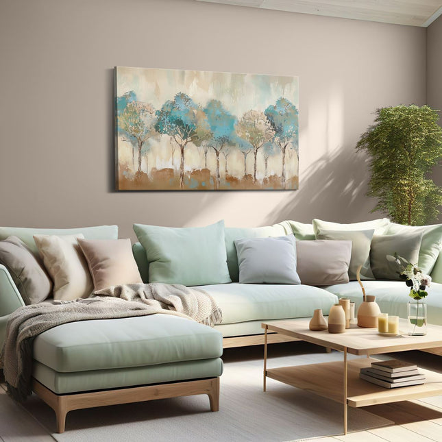 Canvas schilderij woonkamer Kunstwerk van Bomen in Blauw, Bruin en Bruin