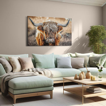 Canvas schilderij woonkamer Schotse Hooglandkoe met Lange Hoorns