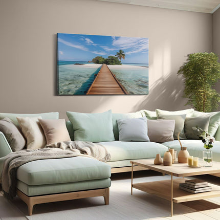 Canvas schilderij woonkamer Houten Loopbrug die Leidt naar een Tropisch Eiland