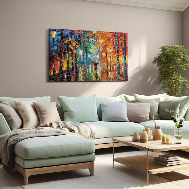 Canvas schilderij woonkamer Kunstwerk van een Vrouw die door een Straat loopt in de Regen