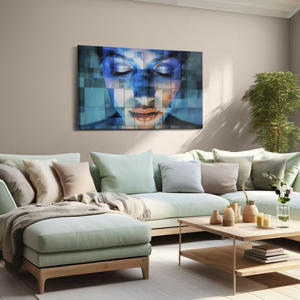 Canvas schilderij woonkamer Vrouwengezicht met Blauwe Vierkanten