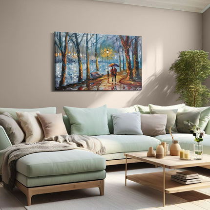 Canvas schilderij woonkamer Vrouw die in de Regen loopt met een Paraplu