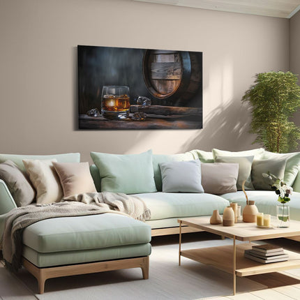 Canvas schilderij woonkamer Glas Whisky met IJsblokjes en een Houten Vat