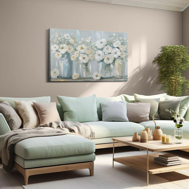 Canvas schilderij woonkamer Witte Bloemen in Stenen Potten