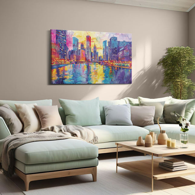 Canvas schilderij woonkamer Kunstwerk van de Chicago Rivier en Wolkenkrabbers