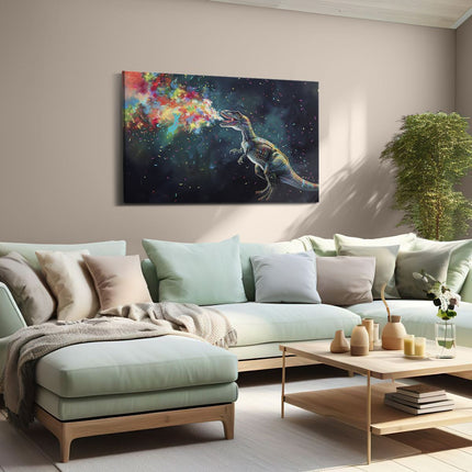 Canvas schilderij woonkamer T - Rex Blaast Kleurrijke Confetti