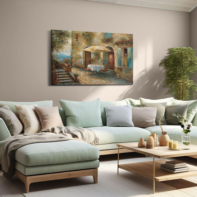 Canvas schilderij woonkamer Kunstwerk van een Tafel en Stoelen op een Binnenplaats