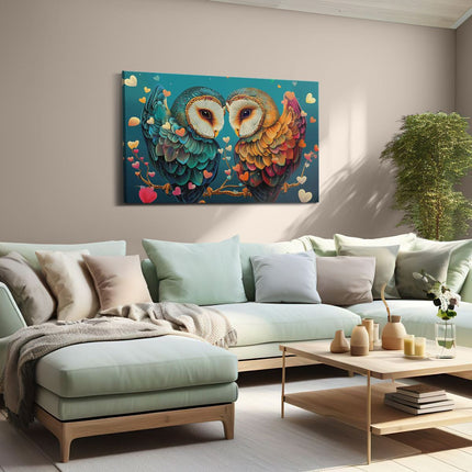 Canvas schilderij woonkamer Twee Uilen op een Tak met Hartjes