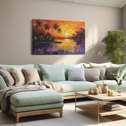 Canvas schilderij woonkamer Zonsondergang met Palmbomen en een Boot