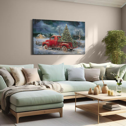 Canvas schilderij woonkamer Rode Vrachtwagen met een Kerstboom