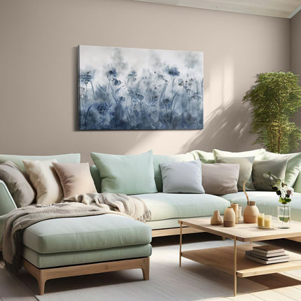 Canvas schilderij woonkamer Aquarelkunstwerk van een Veld met Blauwe Bloemen