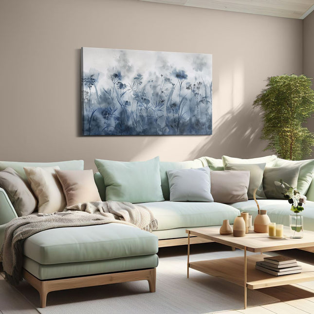 Canvas schilderij woonkamer Aquarelkunstwerk van een Veld met Blauwe Bloemen