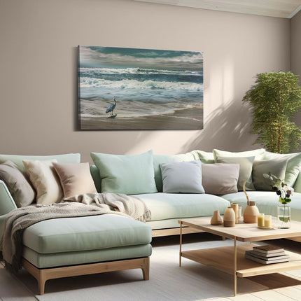 Canvas schilderij woonkamer Reiger Staat aan de Oever van de Oceaan