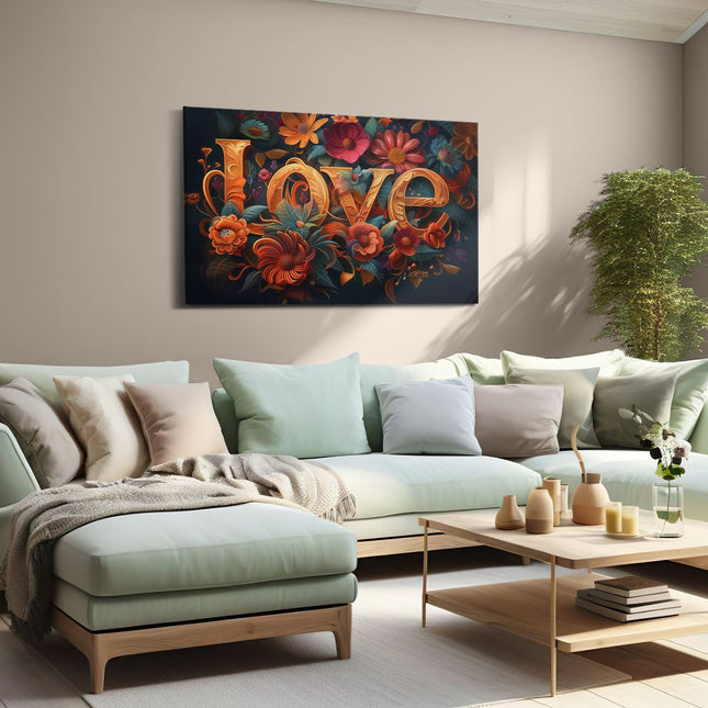 Canvas schilderij woonkamer Het Woord Liefde is Omgeven door Bloemen