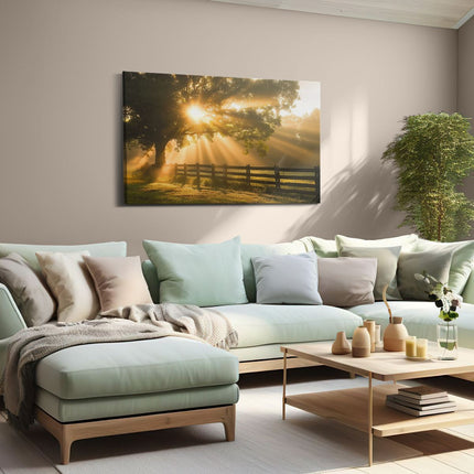 Canvas schilderij woonkamer Zonnestralen Komen door een Boom in een Veld