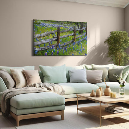 Canvas schilderij woonkamer Hek met Bluebonnets op de Achtergrond