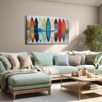 Canvas schilderij woonkamer Groep Surfplanken Geschilderd in Verschillende Kleuren