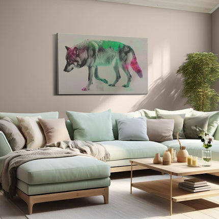 Canvas schilderij woonkamer Wolf loopt voor een Kleurrijke Achtergrond