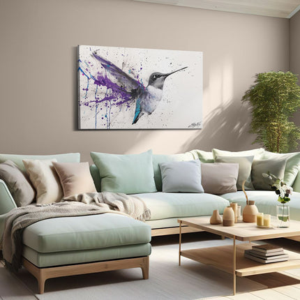 Canvas schilderij woonkamer Kolibrie met Paarse Verfspatten
