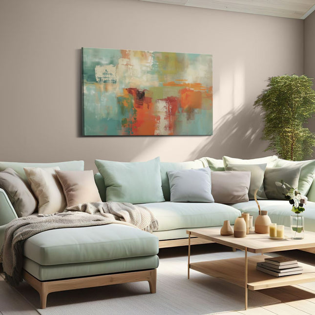 Canvas schilderij woonkamer Abstract Kunstwerk met Oranje, Groene en Blauwe Kleuren
