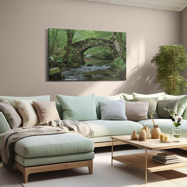 Canvas schilderij woonkamer Stenen Brug over een Beekje in het Bos