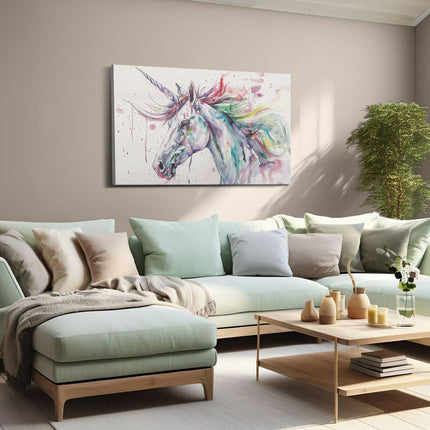 Canvas schilderij woonkamer Eenhoorn met Regenboogmanen