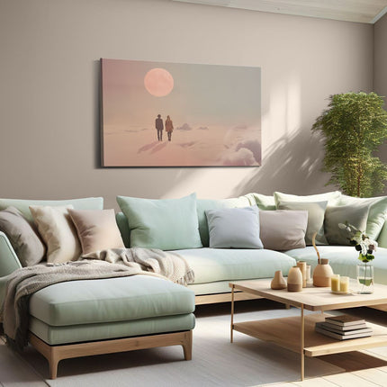 Canvas schilderij woonkamer Twee Mensen die Bovenop Wolken Staan ​​Met een Volle Maan Achter Hen