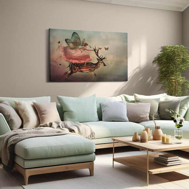 Canvas schilderij woonkamer Fee die op een Hert Rijdt met Vlinders