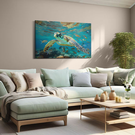Canvas schilderij woonkamer Schildpad die in de Oceaan Zwemt