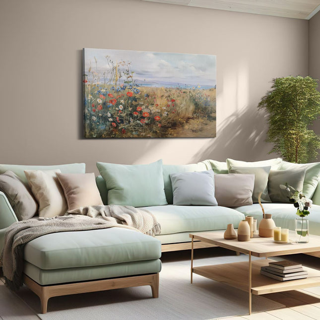 Canvas schilderij woonkamer Kunstwerk van een Veld met Wilde Bloemen