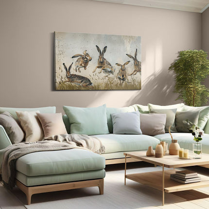 Canvas schilderij woonkamer Hazen Springen in het Gras