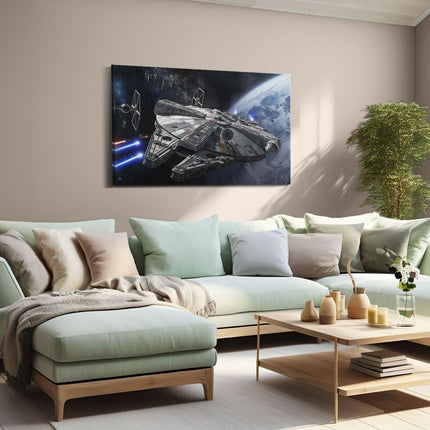 Canvas schilderij woonkamer Afbeelding van een Star Wars Millenniumvalk die over de Aarde Vliegt