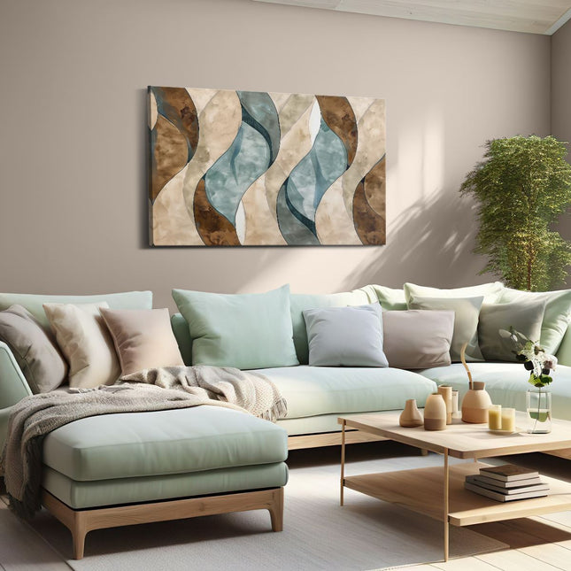 Canvas schilderij woonkamer Blauw, Bruin en Wit Golvend Patroon