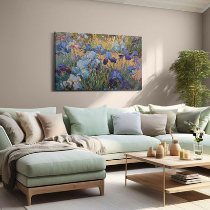 Canvas schilderij woonkamer Blauwe Irissen in een Veld