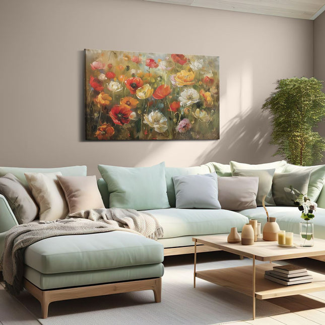 Canvas schilderij woonkamer Kunstwerk van Bloemen in een Veld