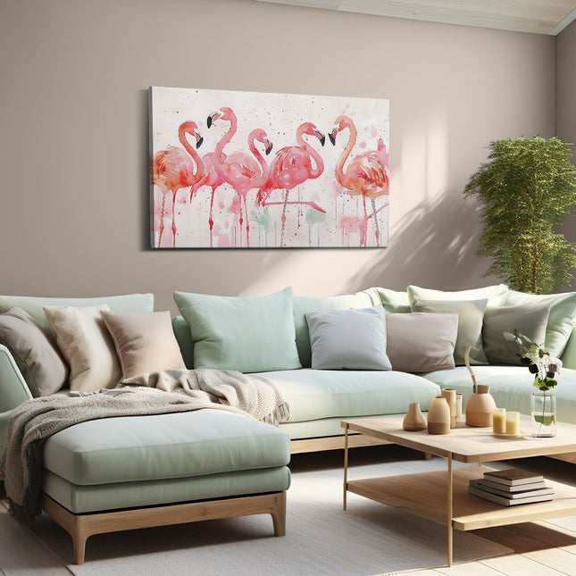 Canvas schilderij woonkamer Aquarelkunstwerk van Flamingo's