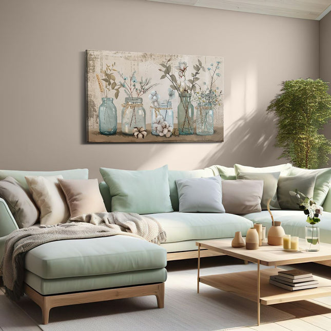 Canvas schilderij woonkamer Blauwe Stenen Potten met Bloemen Erin