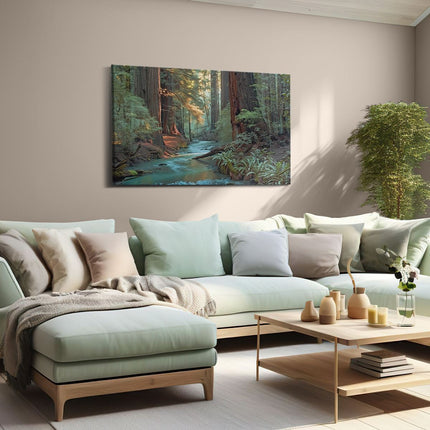Canvas schilderij woonkamer Stroom loopt door de Sequoia's