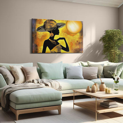 Canvas schilderij woonkamer Silhouet van een Vrouw die een Hoed Draagt