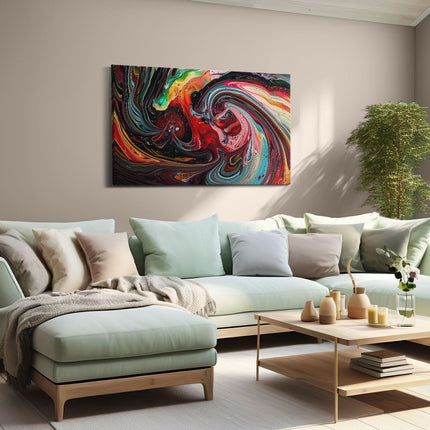 Canvas schilderij woonkamer Kleurrijke Wervelingen van Verf op een Zwarte Achtergrond