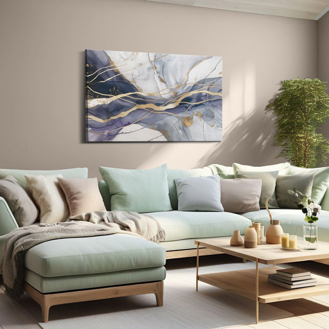 Canvas schilderij woonkamer Abstract Kunstwerk met Gouden en Blauwe Lijnen
