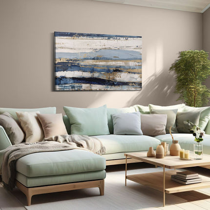 Canvas schilderij woonkamer Abstract Kunstwerk met Blauwe en Gouden Strepen