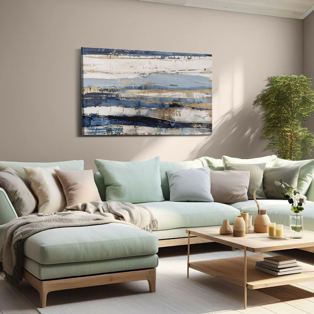 Canvas schilderij woonkamer Abstract Kunstwerk met Blauwe en Gouden Strepen