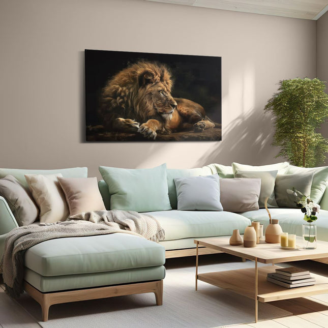 Canvas schilderij woonkamer Leeuw ligt in het Donker