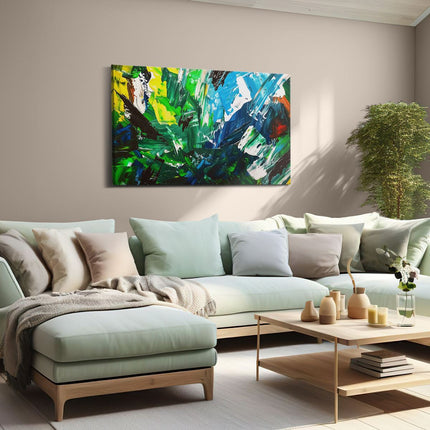 Canvas schilderij woonkamer Abstract Kunstwerk met Groene, Blauwe en Gele Kleuren