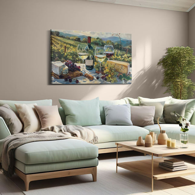 Canvas schilderij woonkamer Kunstwerk van Wijn, Kaas en Druiven op een Tafel